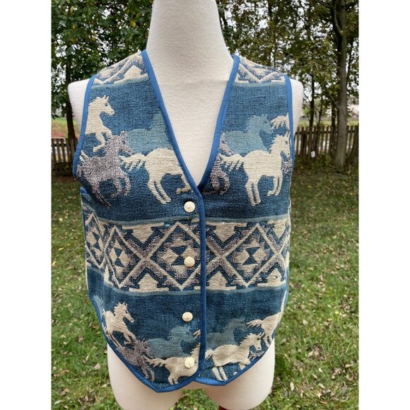Vintage Keren Hart Tapestry Vest L Horse Pattern Blue Cotton Western Style - Picture 1 of 12
